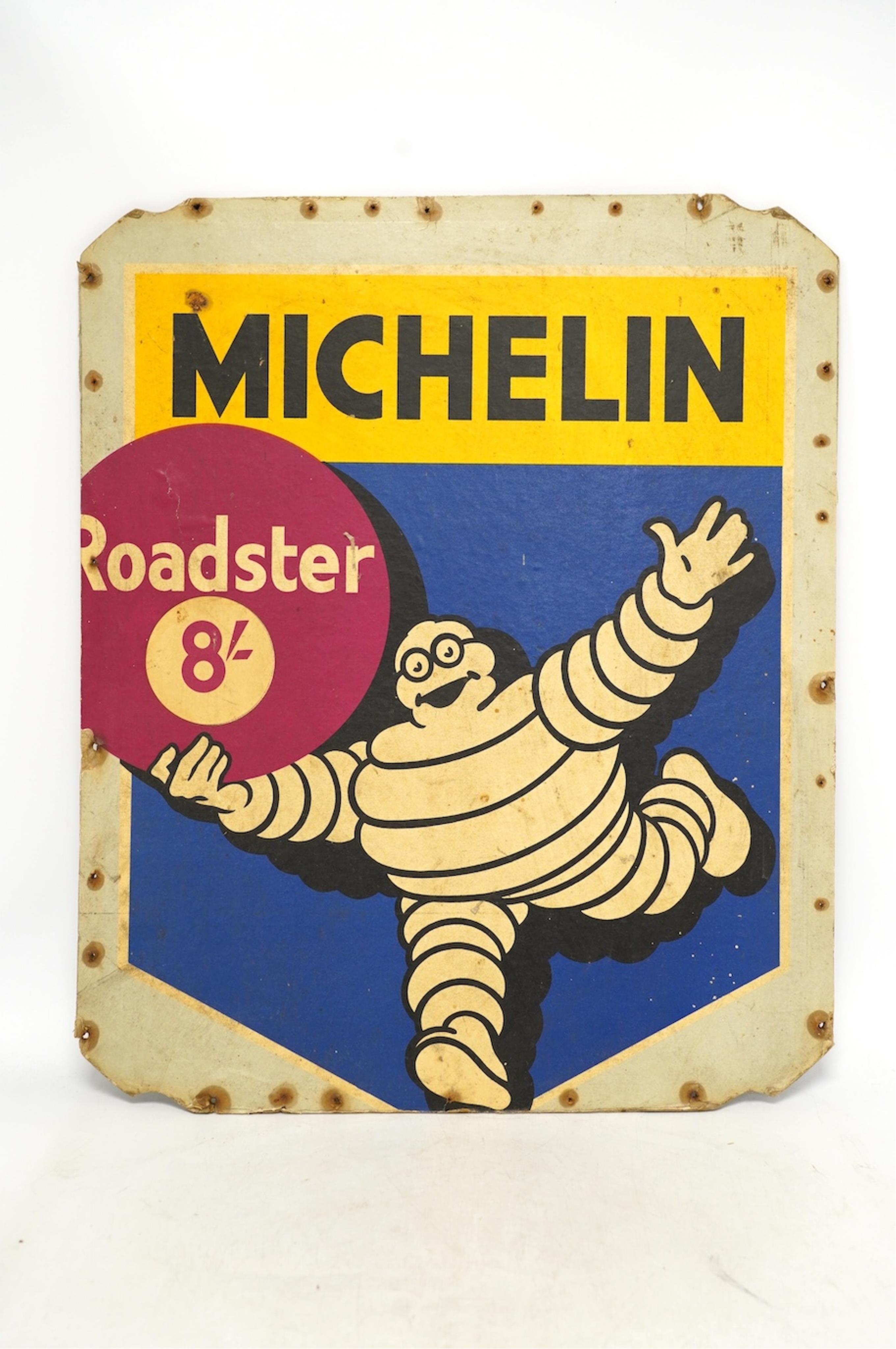 Motoring interest: twelve mid century tinplate advertising shelf strips, largest 48cm, together with a Michelin printed card advertising sign. Condition - poor, fair and good